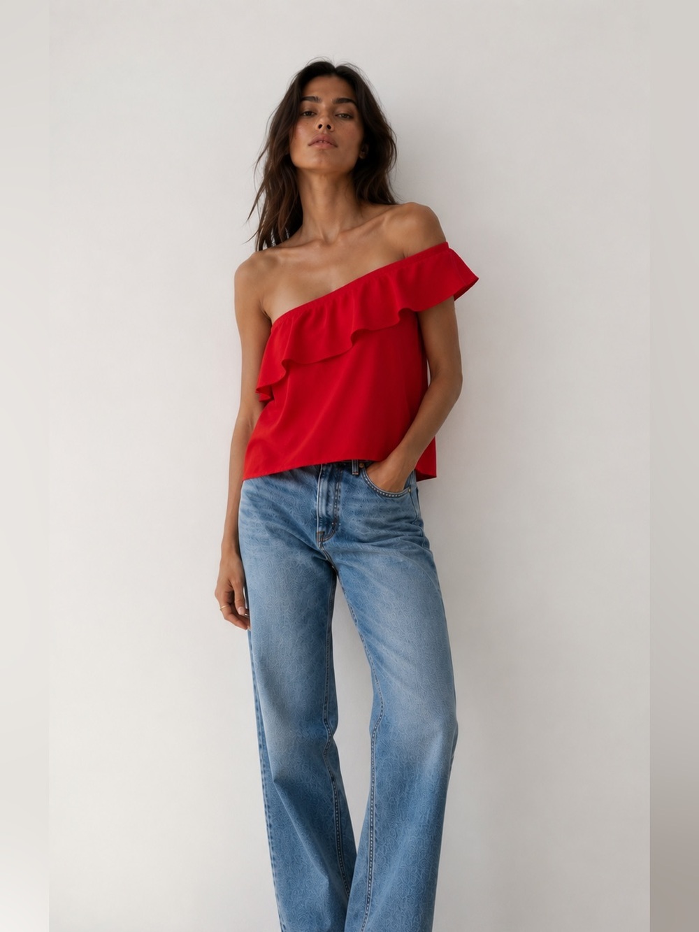 Love Moschino | S | Red One-Shoulder Ruffle Top